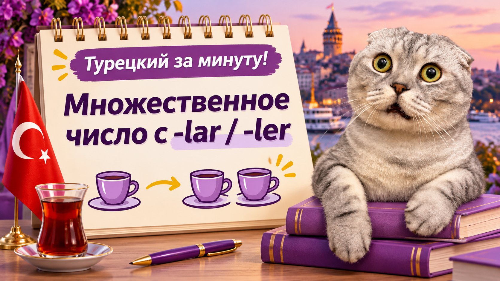 Серый кот рядом с блокнотом о множественном числе в турецком языке